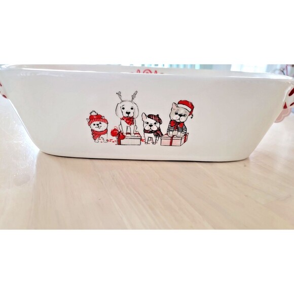 Whimsical Cupboard Ceramic Oblong Christmas Dog Themed Ovenproof Dish NEW 11x8x3 - Picture 4 of 8